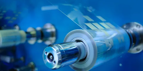 Close up of roll printing of flexible electronics