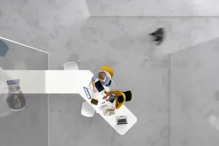 Overhead view of people working